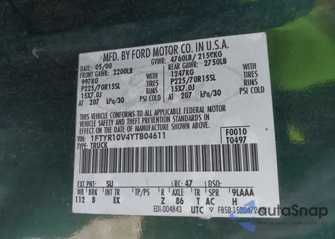 2000 Ford Ranger Xl/Xlt из США, поврежденный, VIN 1FTYR10V4YTB04611